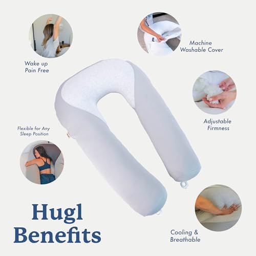 Plufl Hugl Cooling Body Pillow for Adults, U Shaped Pregnancy Pillow, Grey | CloudSupport Fill, Side Sleepers, Maternity Comfort, Postpartum Support, Hip and Knee Cushioning, All Night Comfort, Washable|B0D6X6XTPP