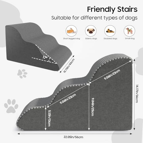 Pet Stairs for Small Dogs and Cats, Comfortable Curved Design with Waterproof Cover, High-Density Foam Steps for Beds or Sofas, Durable and Lightweight, 3-Layer, 21.7x15.7x13.8 Inches Grey|B0DXVZPGXW
