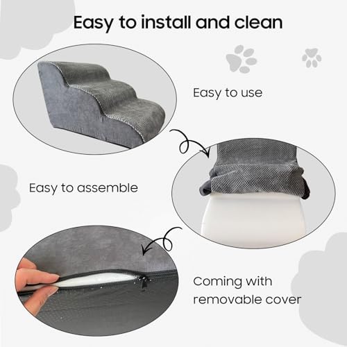 Pet Stairs for Small Dogs and Cats, Comfortable Curved Design with Waterproof Cover, High-Density Foam Steps for Beds or Sofas, Durable and Lightweight, 3-Layer, 21.7x15.7x13.8 Inches Grey|B0DXVZPGXW