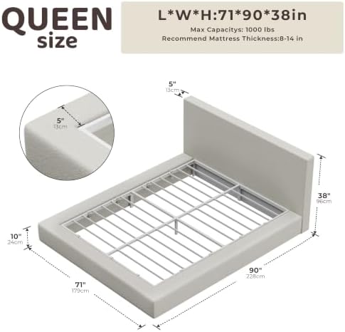 RECCI AirFrame Queen Upholstered Bed Frame with Plush Padded Headboard | Plush Padded Headboard, 360° Soft Foam Surround, Low Profile Cloud Bed Frame, No Box Spring Required, Easy Assembly|B0FR7X356M
