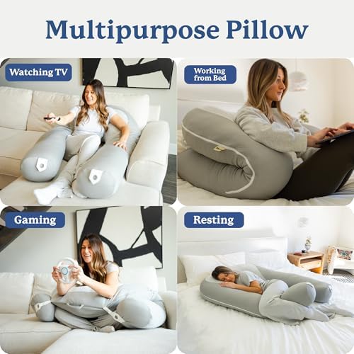 Plufl Hugl Cooling Body Pillow for Adults, U Shaped Pregnancy Pillow, Grey | CloudSupport Fill, Side Sleepers, Maternity Comfort, Postpartum Support, Hip and Knee Cushioning, All Night Comfort, Washable|B0D6X6XTPP