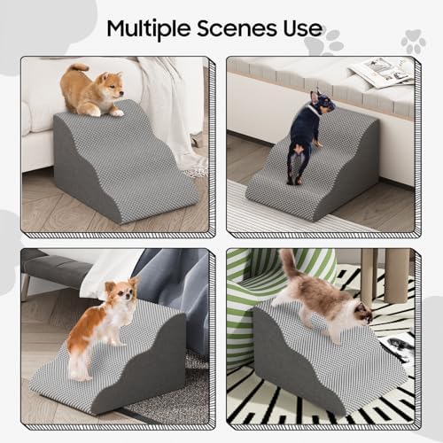 Pet Stairs for Small Dogs and Cats, Comfortable Curved Design with Waterproof Cover, High-Density Foam Steps for Beds or Sofas, Durable and Lightweight, 3-Layer, 21.7x15.7x13.8 Inches Grey|B0DXVZPGXW