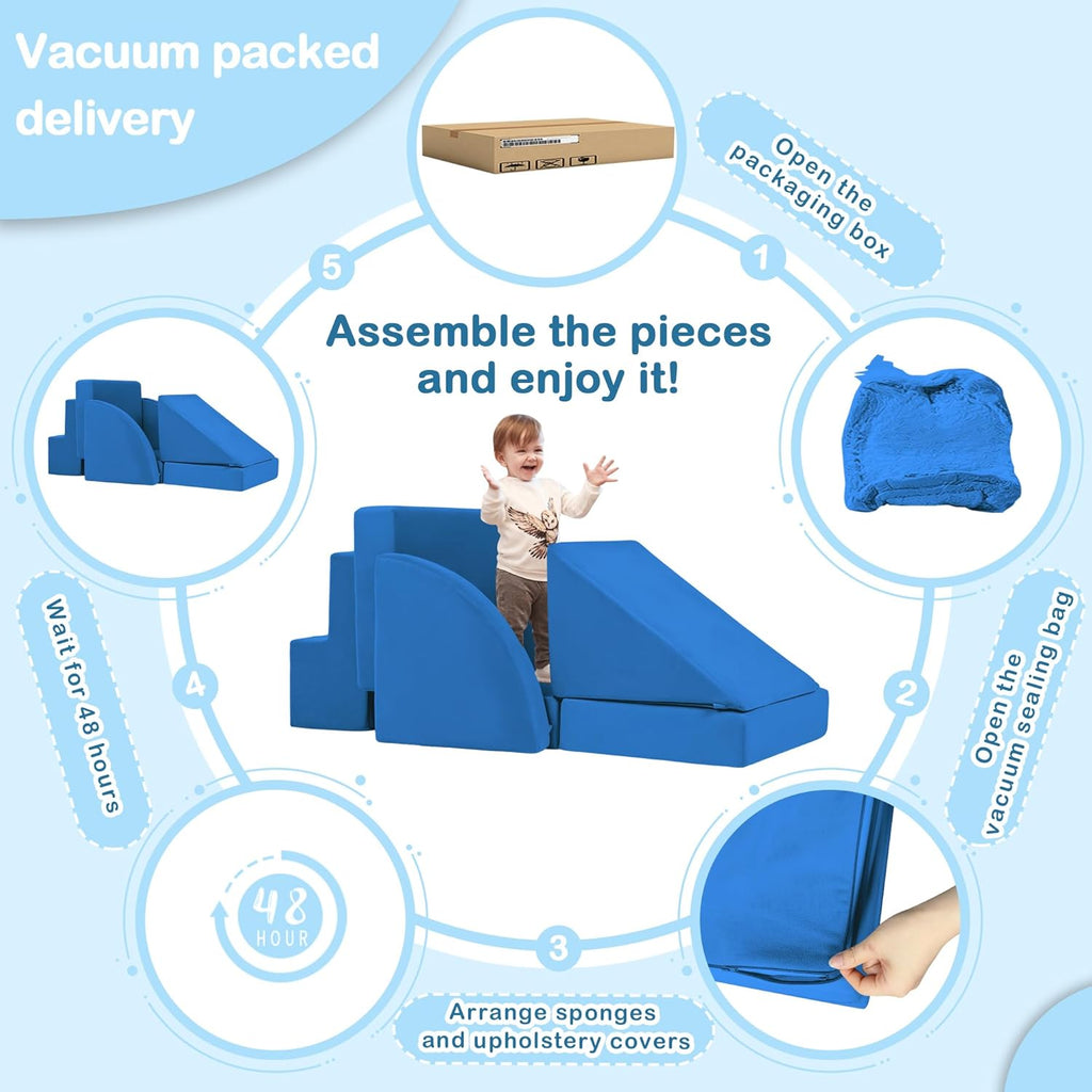 5pcs Modular Kids Foam Climbing Toddlers 1-3, Safety First Baby Climbing Blocks Indoor,Soft Play Toys for Infant, Ideal Crawling and Exploration Play Set for Baby Gym/Toddler Playground(Navy)