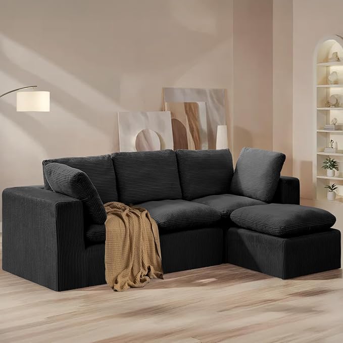 #A01 Black Cloud Modular Sectional Couches  L-Shaped Sofa with Ottoman,Corduroy Sleeper Sofa Bed,No Assembly Compression Memory Foam Couch