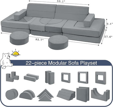 【K01】Grey 22Pcs Modular Kids Play Couch-Inspiring Child Creativity,Children Convertible Foam Sofa