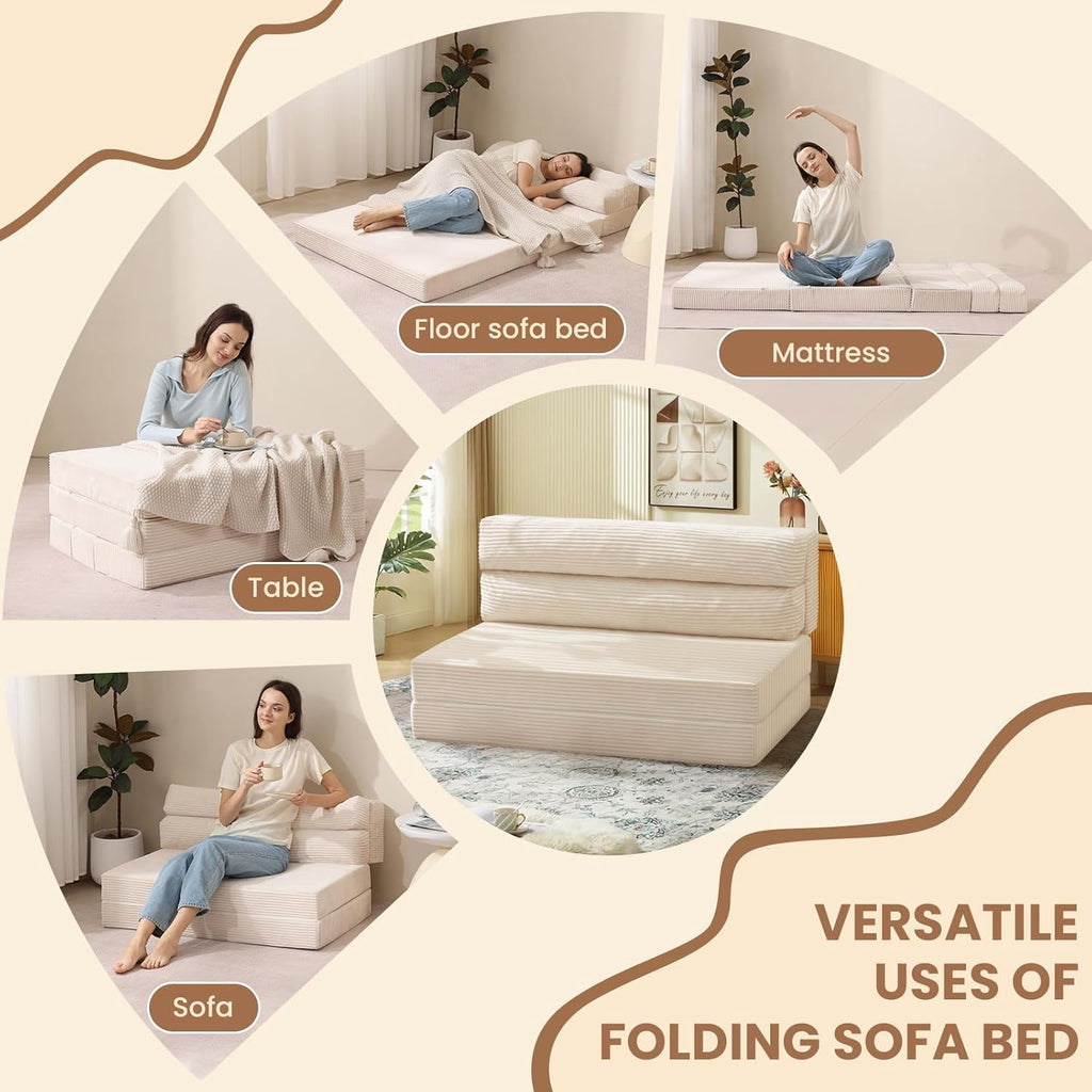 Beige Folding Sleeper Sofa Matress with Pilow Foldable,2 in 1 Pull Out Loveseat Sofa Portable Chair Bed