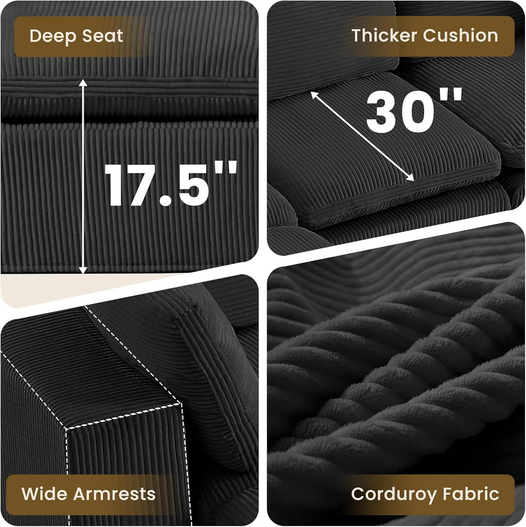 #A01 Black Cloud Modular Sectional Couches  L-Shaped Sofa with Ottoman,Corduroy Sleeper Sofa Bed,No Assembly Compression Memory Foam Couch