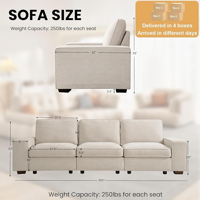 100" 3 Seats Modular Sofa with Seats Storage, Chenille Fabric Couch USB Charging