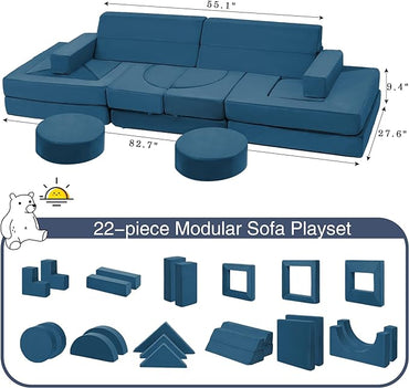 【K01】Blue 22Pcs Modular Kids Play Couch-Inspiring Child Creativity,Children Convertible Foam Sofa