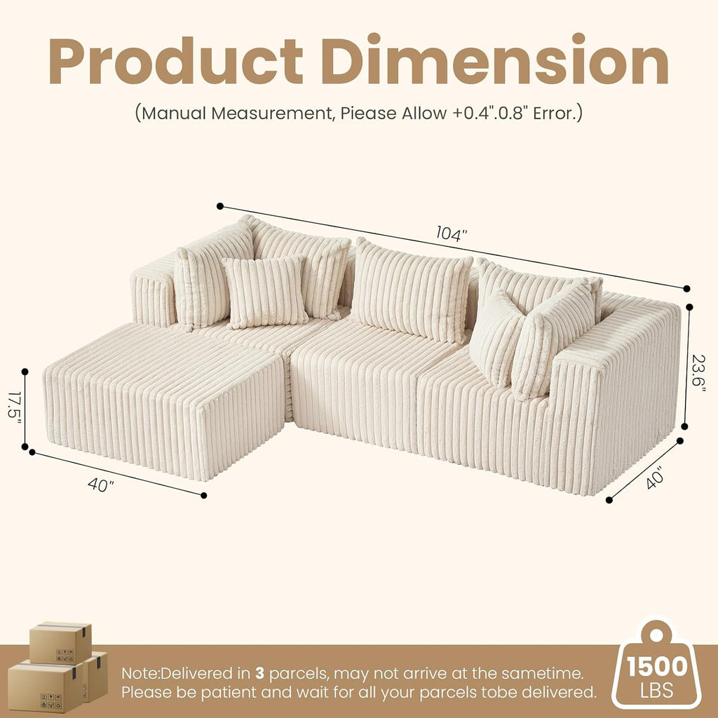 104" L-shaped Corduroy Cloud Sectional Sofa with Ottoman