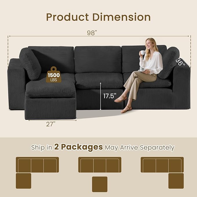 #A01 Black Cloud Modular Sectional Couches  L-Shaped Sofa with Ottoman,Corduroy Sleeper Sofa Bed,No Assembly Compression Memory Foam Couch