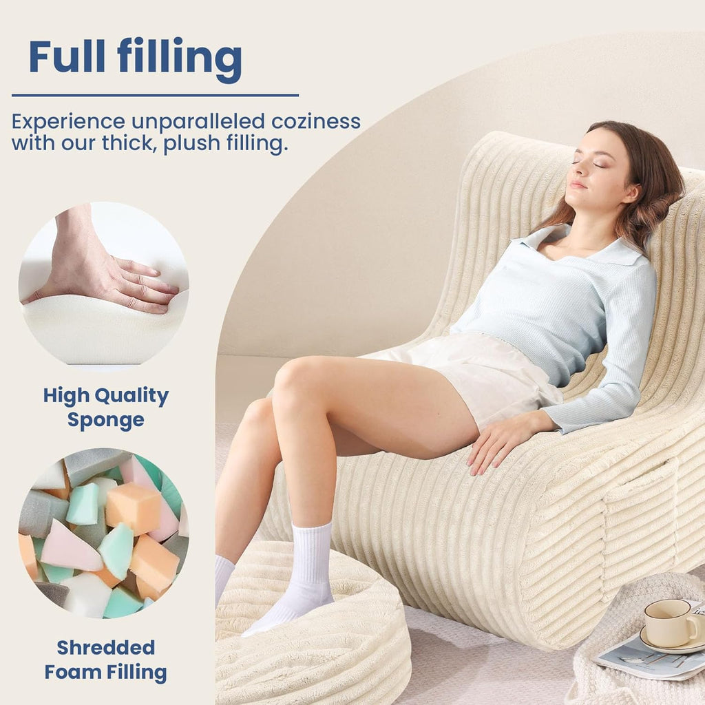 Beige Soft Bean Bag Couch for Adults with Ottoman,, High-Resilient Foam  Lazy Sofa