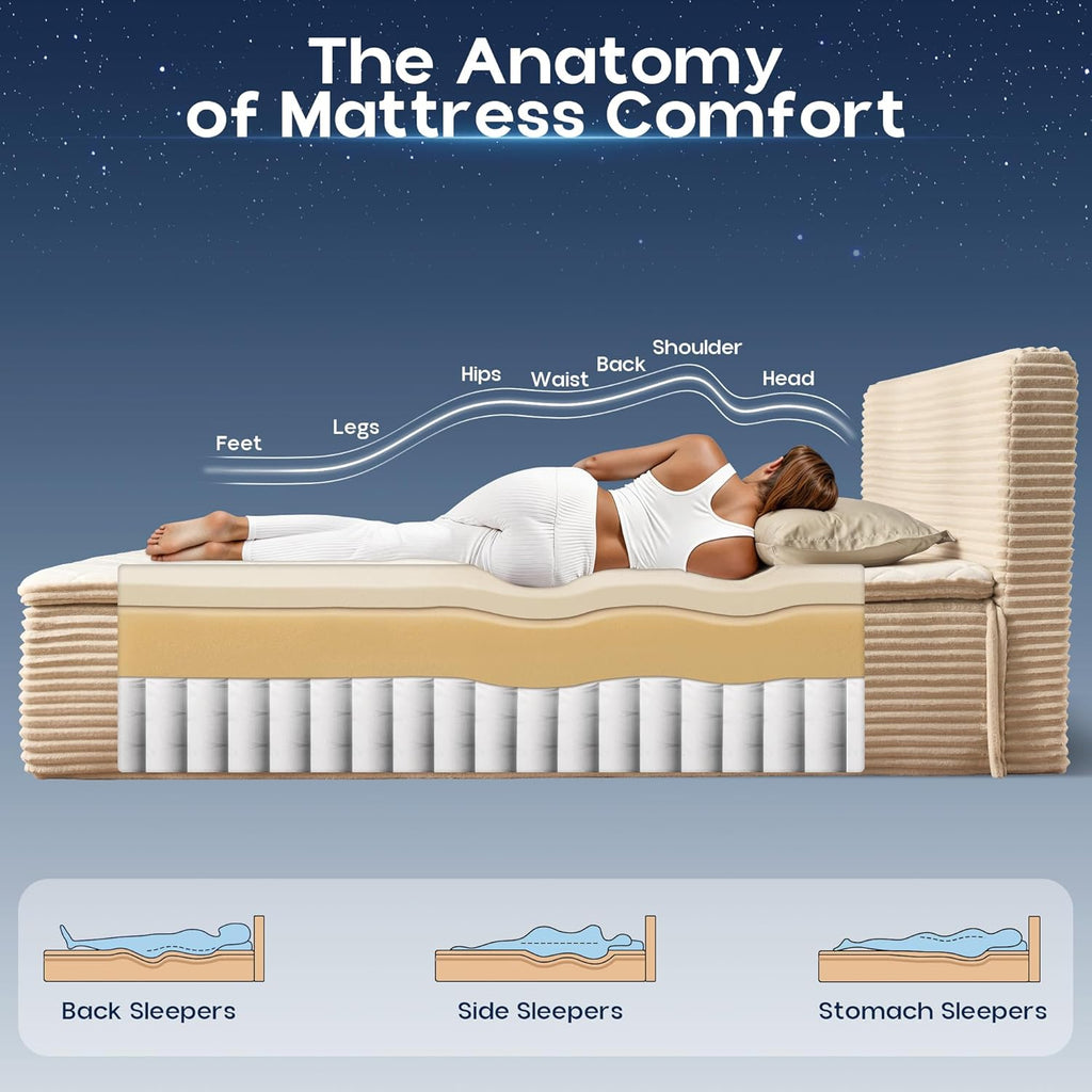 A-024,All‑in‑One Boneless Bed | No Assembly, Upholstered Frame with Headboard, 16.7" Medium‑Firm Memory Foam Mattress, Beige