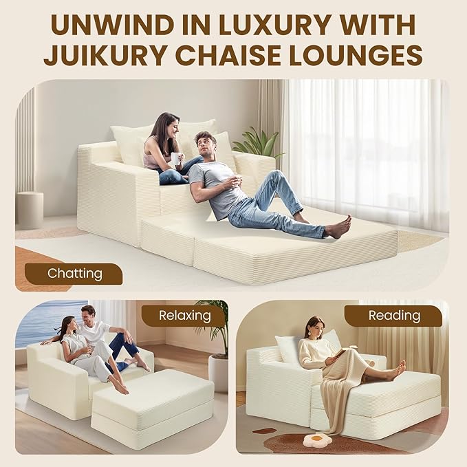 Beige 78” Oversized Corduroy Sofa Bed with Throw Pillows,Comfy Boneless Couch with Removable Ottoman