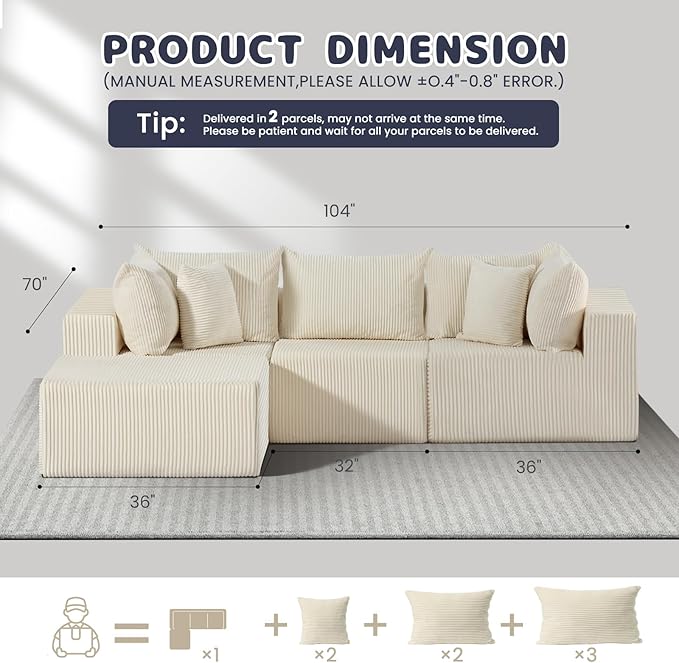 #A02 (Beige)104" Cloud Sectional Couch with L-Shape Chaise,4 Seat Couches for Living Room Bedroom