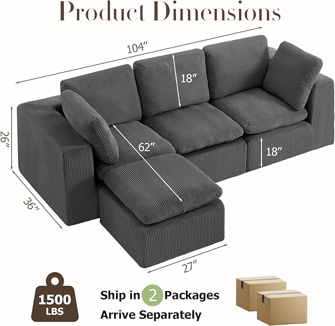 #A01 Grey L-Shaped Couch Modular Sectional Sofa,3 Seat Comfy Cloud Couch Chaise, with Sponge Cushion