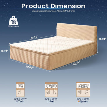 A-024,All‑in‑One Boneless Bed | No Assembly, Upholstered Frame with Headboard, 16.7" Medium‑Firm Memory Foam Mattress, Beige