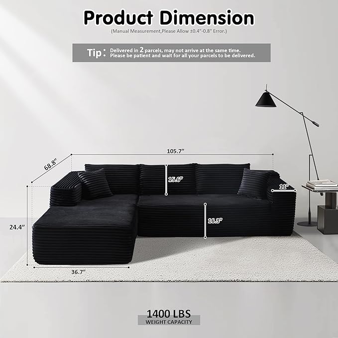 104" Cloud Sectional Couch with L-Shape Chaise,Modern Modular Sofa