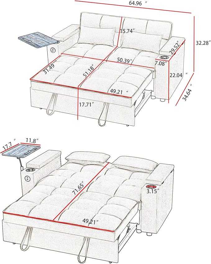 65'' 3-in-1 Folding Convertible Sofa Bed, Pullout Sofa