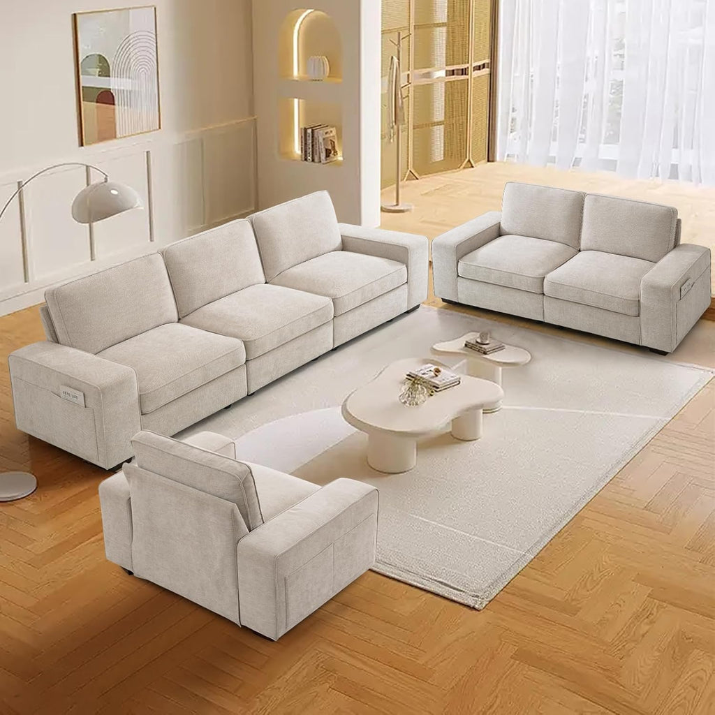 100" 3 Seats Modular Sofa with Seats Storage, Chenille Fabric Couch USB Charging