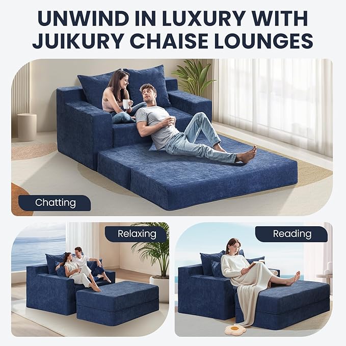 Blue 78” Oversized Corduroy Sofa Bed with Throw Pillows,Comfy Boneless Couch with Removable Ottoman