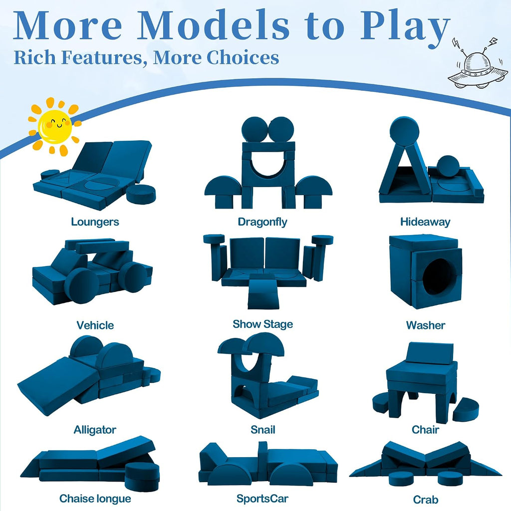 18Pcs Modular Convertible Kids Foam Play Couch for 1-3 Years Old to Teens