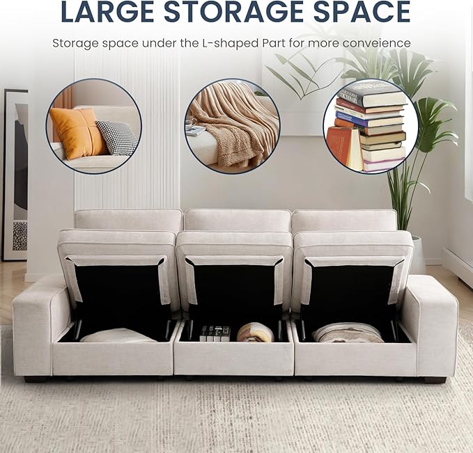 100" 3 Seats Modular Sofa with Seats Storage, Chenille Fabric Couch USB Charging