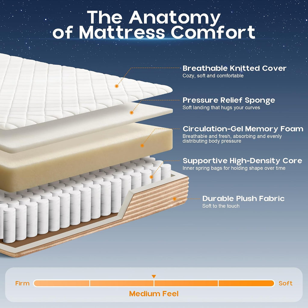 A-024,All‑in‑One Boneless Bed | No Assembly, Upholstered Frame with Headboard, 16.7" Medium‑Firm Memory Foam Mattress, Beige