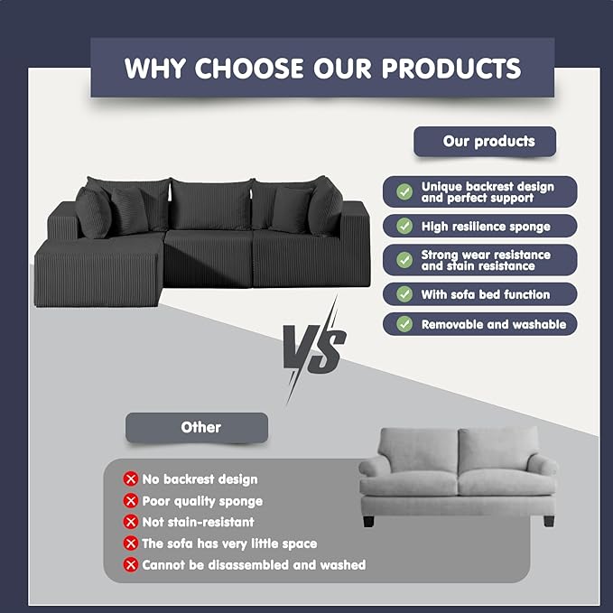 #A02 (Black)104" Cloud Sectional Couch with L-Shape Chaise,4 Seat Couches for Living Room Bedroom