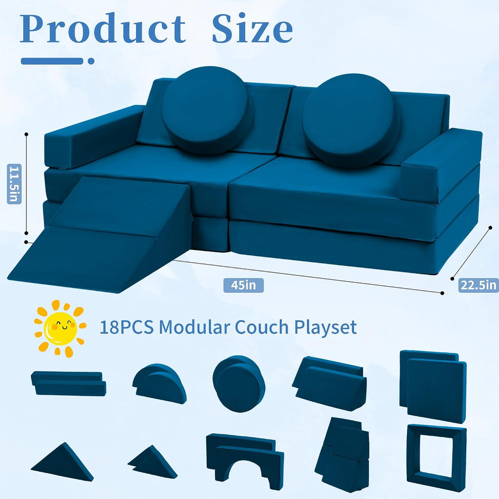 18Pcs Modular Convertible Kids Foam Play Couch for 1-3 Years Old to Teens