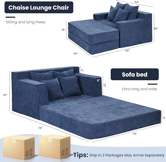 Blue 78” Oversized Corduroy Sofa Bed with Throw Pillows,Comfy Boneless Couch with Removable Ottoman
