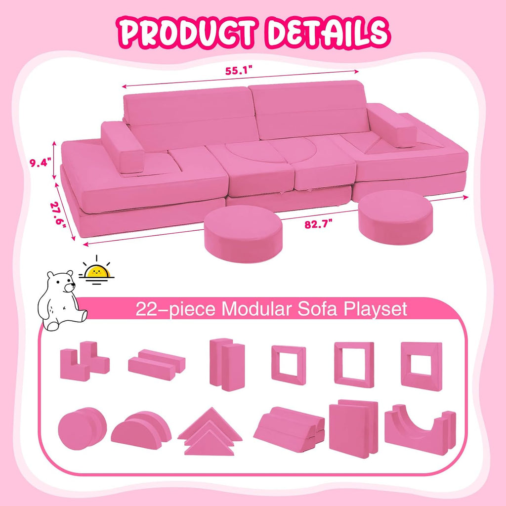 22Pcs Modular Convertible Kids Foam Play Couch for Bedroom Playroom Living Room