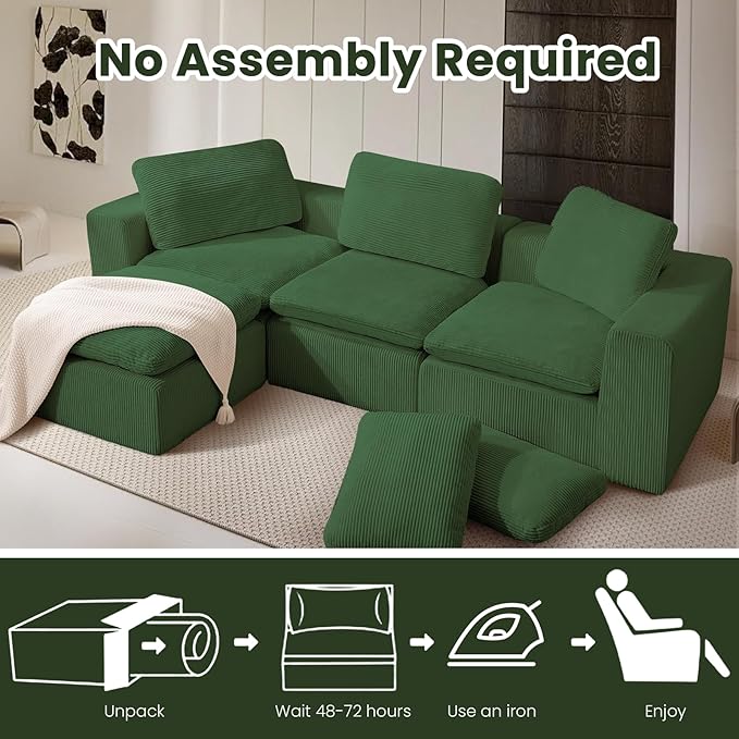 #A01 Green L-Shaped Couch Modular Sectional Sofa,3 Seat Comfy Cloud Couch Chaise, with Sponge Cushion