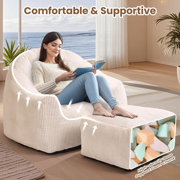 Beige Shell Lazy Sofa with Footstool,Comfortable Plush Adult Reading Chair