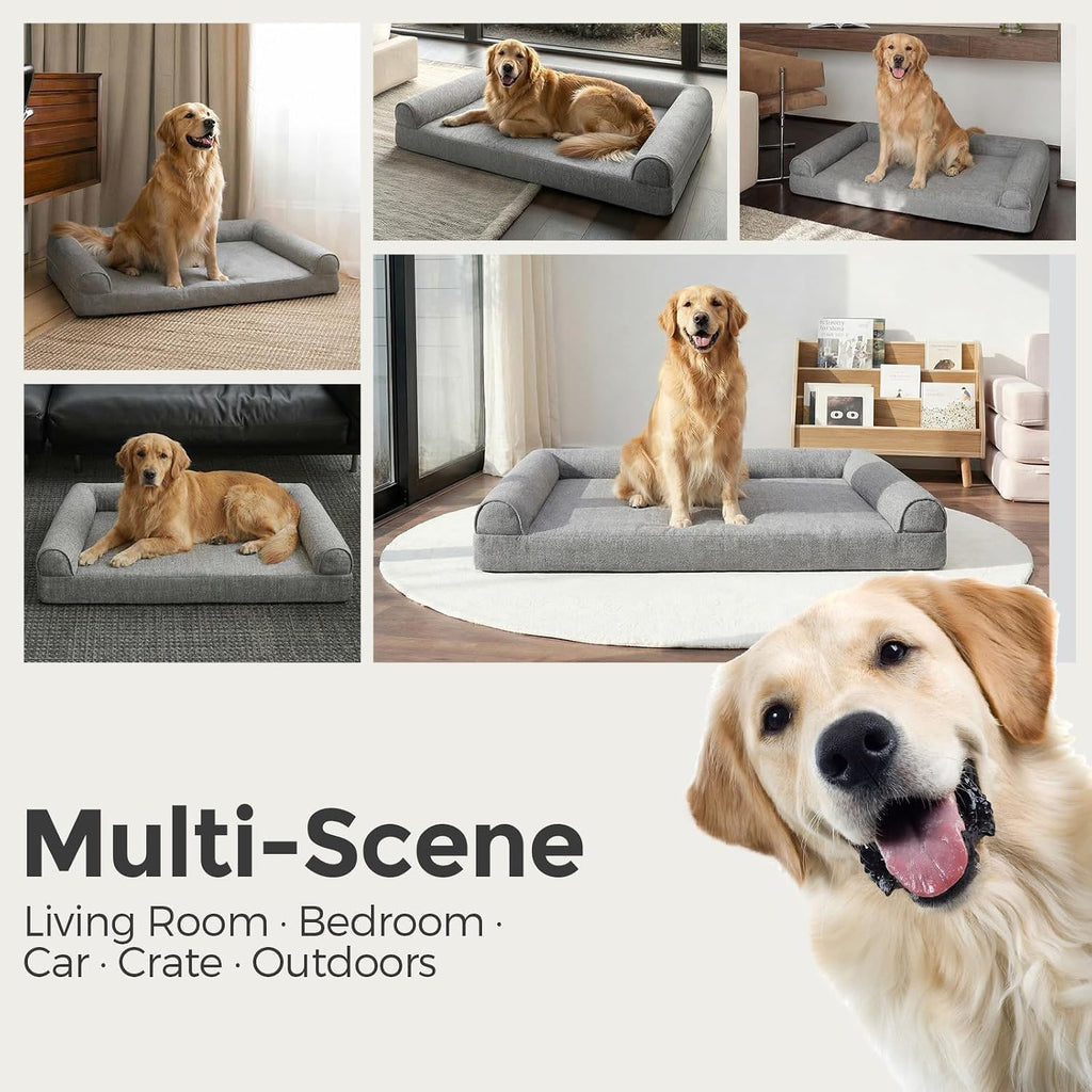42 Inch Large Dog Bed, Chew‑Proof Orthopedic Egg‑Crate Foam with Washable Cover & Anti‑Slip Bottom, Grey