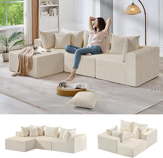 #A02 (Beige)104" Cloud Sectional Couch with L-Shape Chaise,4 Seat Couches for Living Room Bedroom