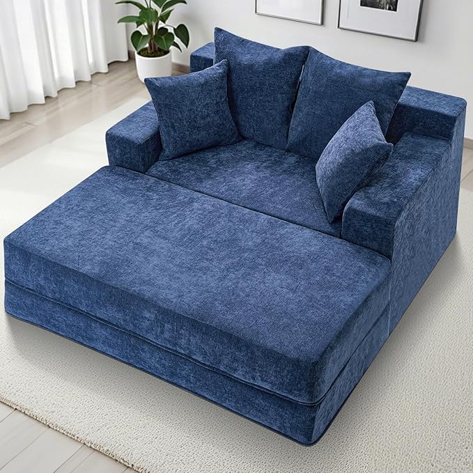 Blue 78” Oversized Corduroy Sofa Bed with Throw Pillows,Comfy Boneless Couch with Removable Ottoman