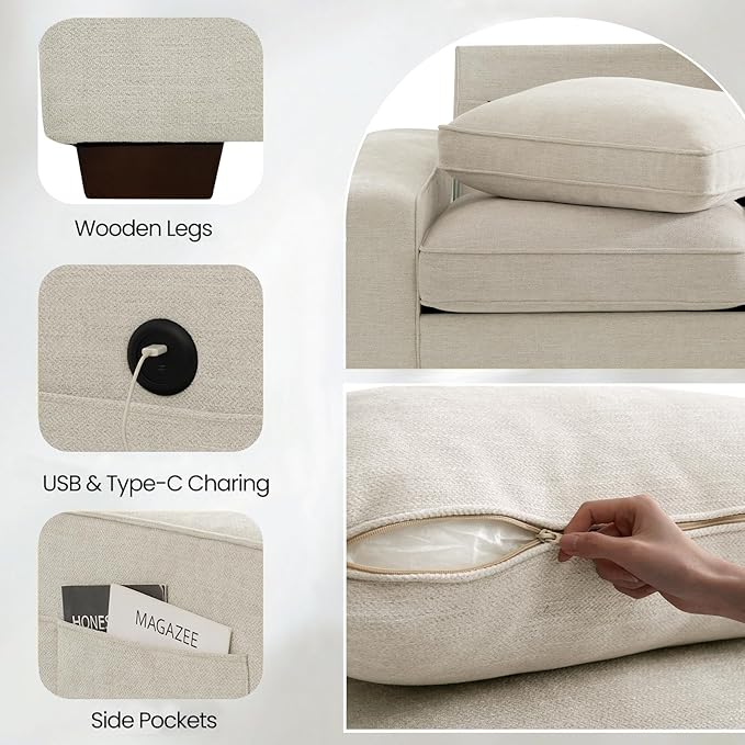 100" 3 Seats Modular Sofa with Seats Storage, Chenille Fabric Couch USB Charging