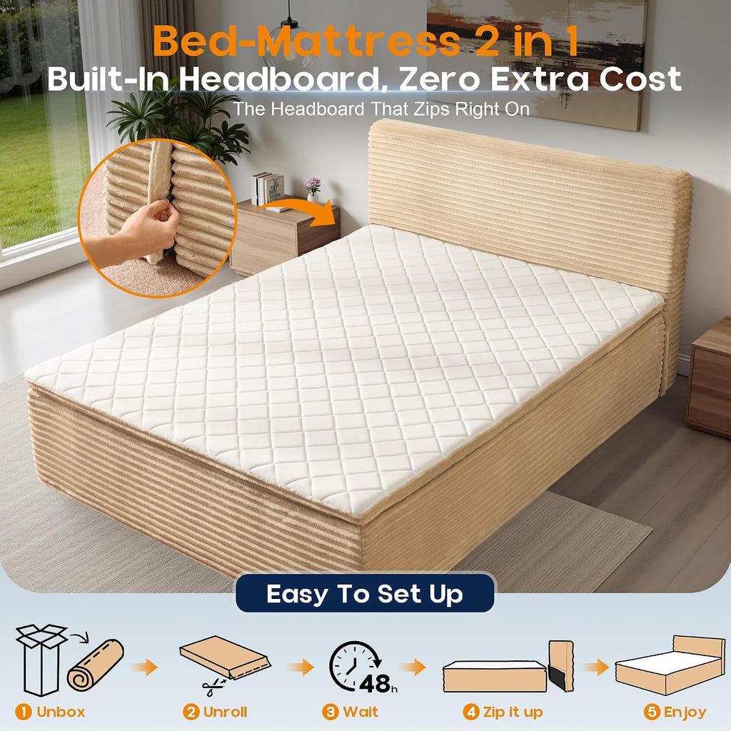 All‑in‑One Boneless Bed | No Assembly, Upholstered Frame with Headboard, 16.7" Medium‑Firm Memory Foam Mattress, Beige