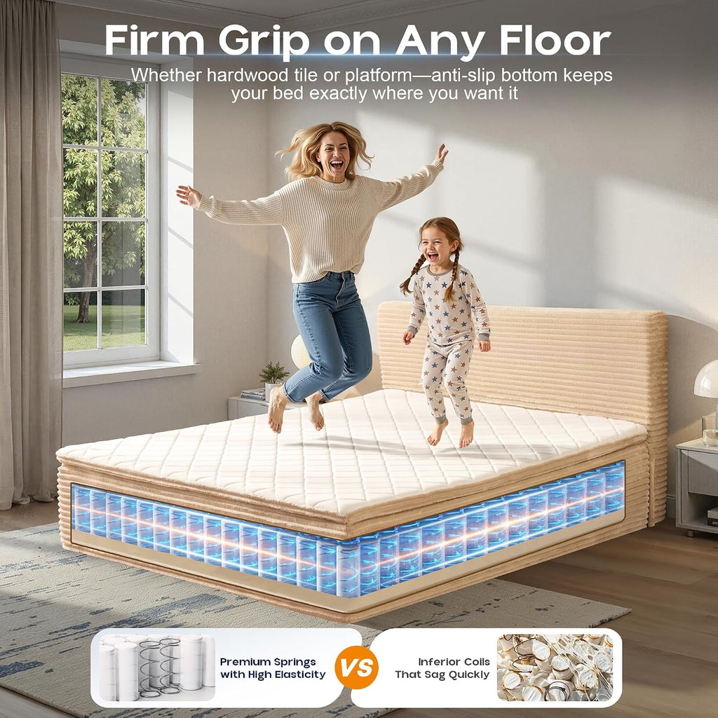 All‑in‑One Boneless Bed | No Assembly, Upholstered Frame with Headboard, 16.7" Medium‑Firm Memory Foam Mattress, Beige
