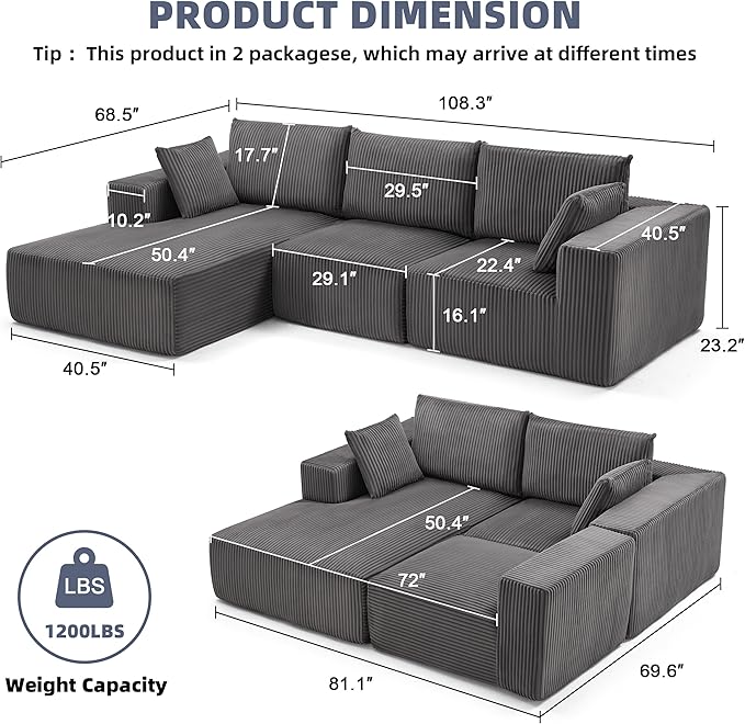 108” Modular Sectional Sofa,Cloud Sectional Couch Modern Modular L-Shape Sofa Couch