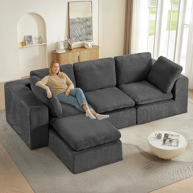 #A01 Grey L-Shaped Couch Modular Sectional Sofa,3 Seat Comfy Cloud Couch Chaise, with Sponge Cushion