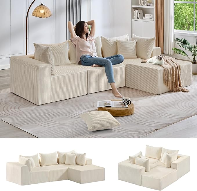 #A02 (Beige)104" Cloud Sectional Couch with L-Shape Chaise,4 Seat Couches for Living Room Bedroom