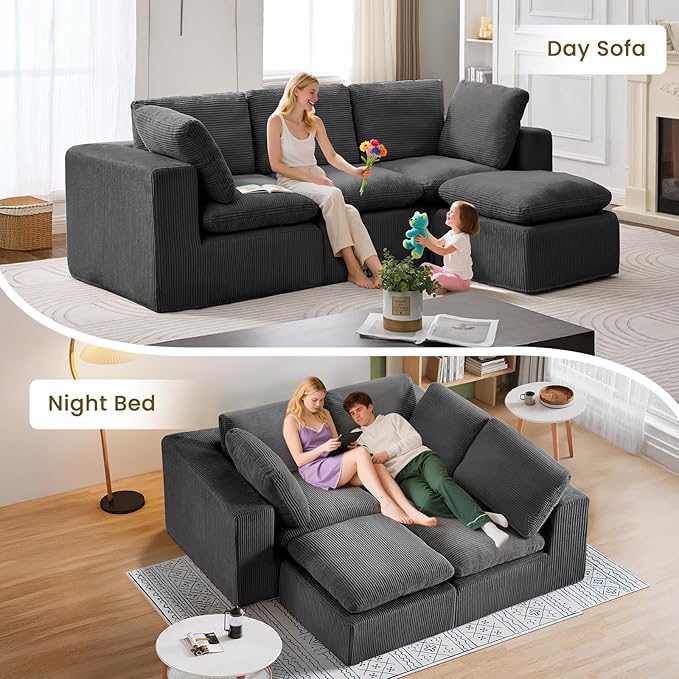 #A01 Grey L-Shaped Couch Modular Sectional Sofa,3 Seat Comfy Cloud Couch Chaise, with Sponge Cushion
