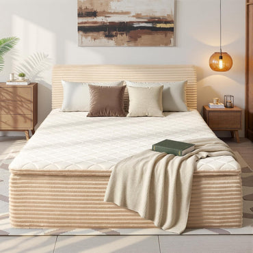 A-024,All‑in‑One Boneless Bed | No Assembly, Upholstered Frame with Headboard, 16.7" Medium‑Firm Memory Foam Mattress, Beige