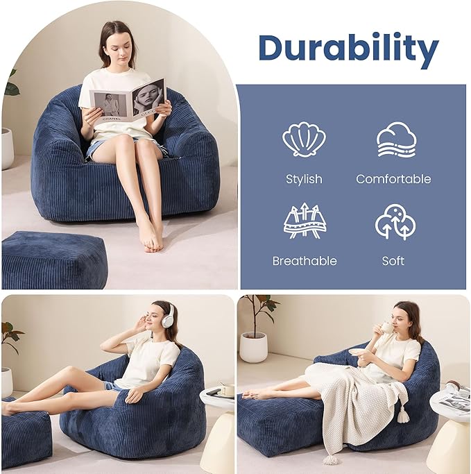 Blue Shell Lazy Sofa with Footstool,Comfortable Plush Adult Reading Chair
