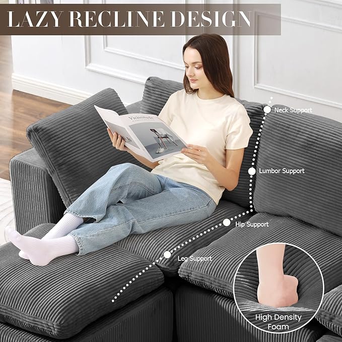 #A01 Grey L-Shaped Couch Modular Sectional Sofa,3 Seat Comfy Cloud Couch Chaise, with Sponge Cushion