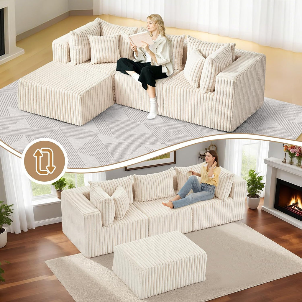 104" L-shaped Corduroy Cloud Sectional Sofa with Ottoman