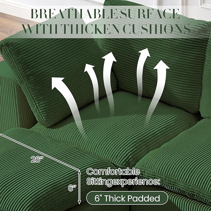 #A01 Green L-Shaped Couch Modular Sectional Sofa,3 Seat Comfy Cloud Couch Chaise, with Sponge Cushion