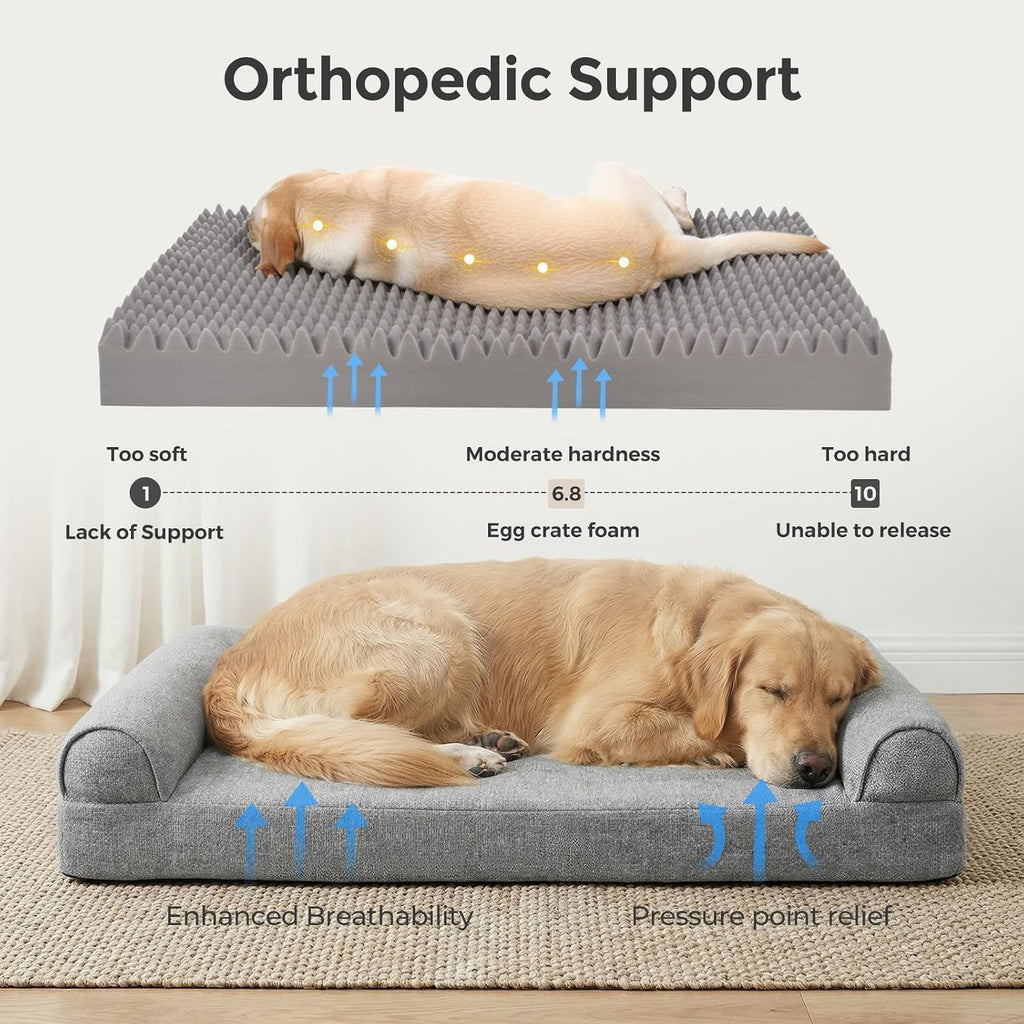 42 Inch Large Dog Bed, Chew‑Proof Orthopedic Egg‑Crate Foam with Washable Cover & Anti‑Slip Bottom, Grey